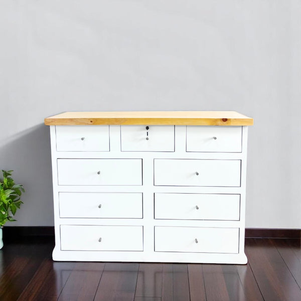 Cómoda Aval de madera natural con 9 cajones y diseño sin ranuras