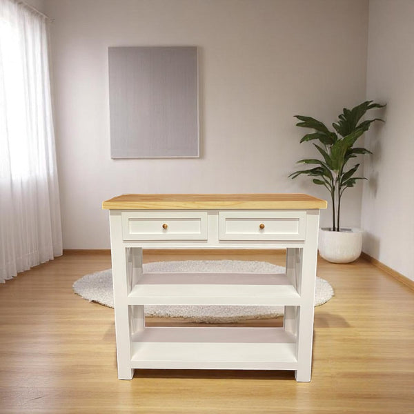 Vista frontal de mesa de arrimo blanca con 2 cajones y estante inferior