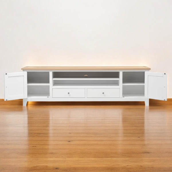 Vista lateral del mueble de TV Rustic Elegance blanco