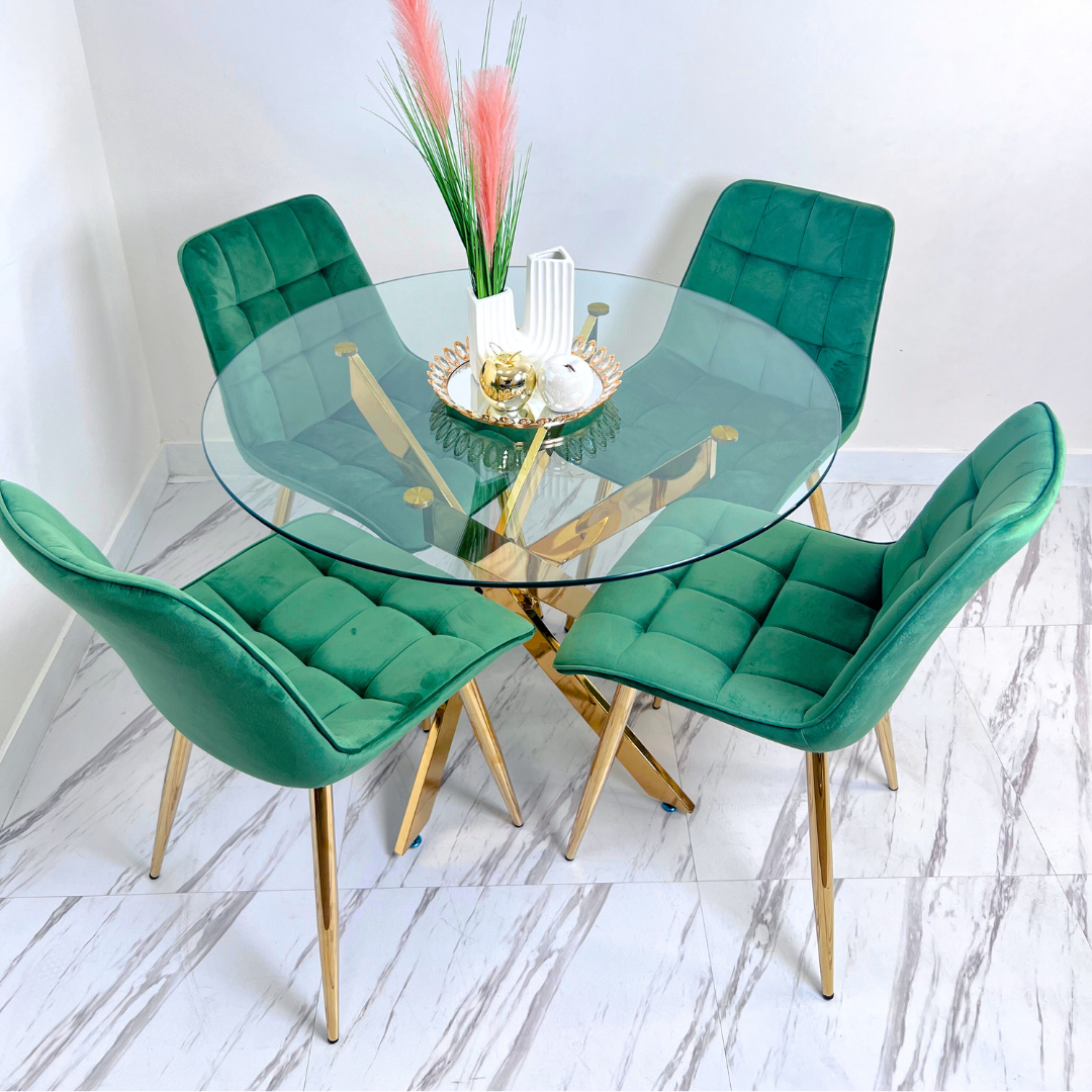 Juego de comedor redonda para 4 personas 100 cm modelo Elite color verde con silla Capitone.