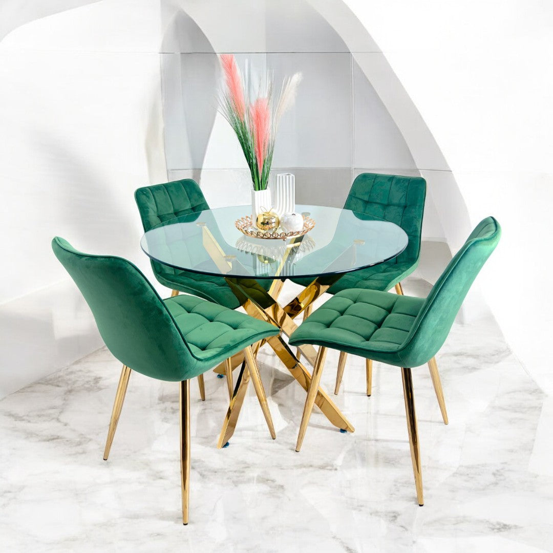 Juego de comedor redonda para 4 personas 100 cm modelo Elite color verde con silla Capitone.