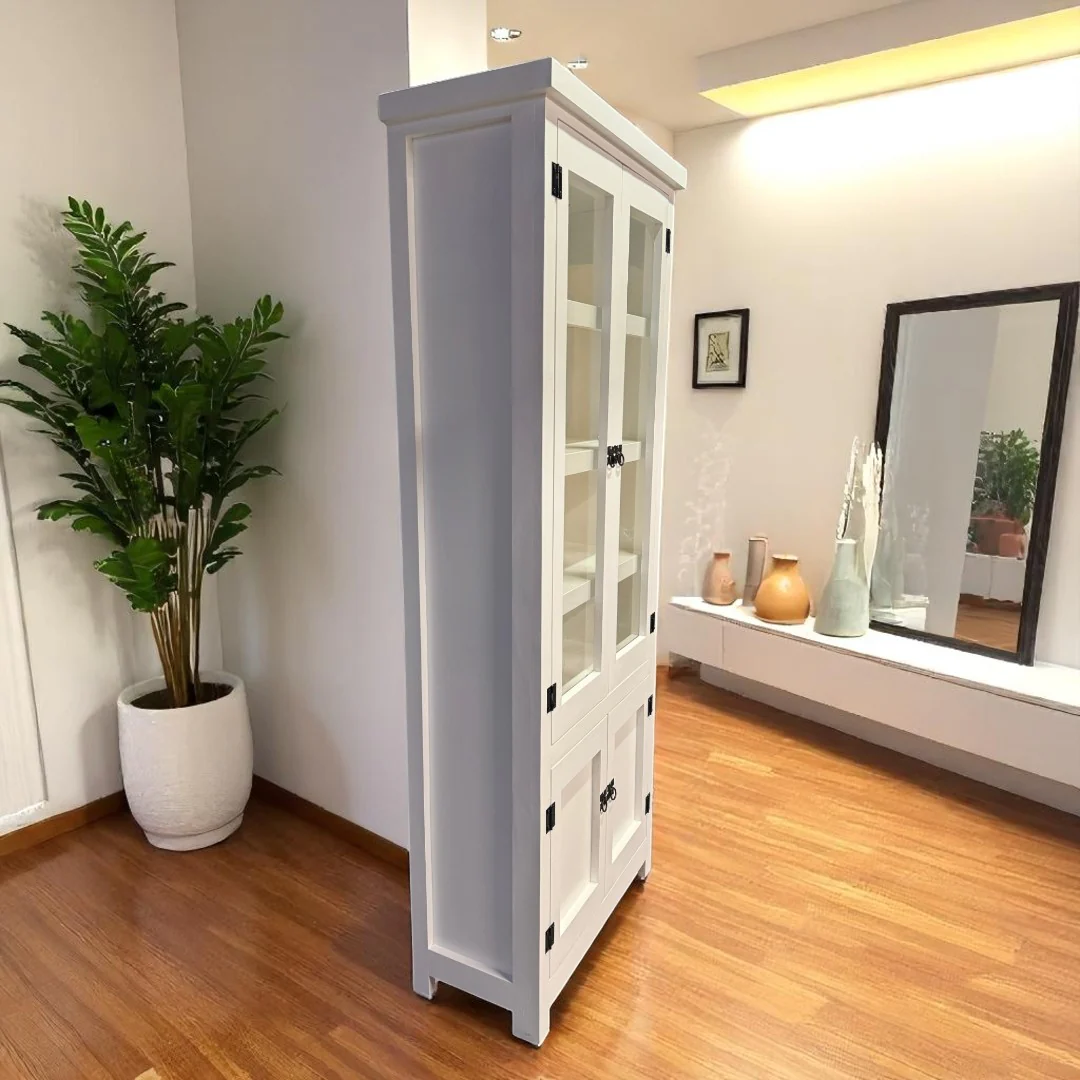 Vitrina de Madera de Pino con Estantes de Vidrio y Cajones | MGR Muebles
