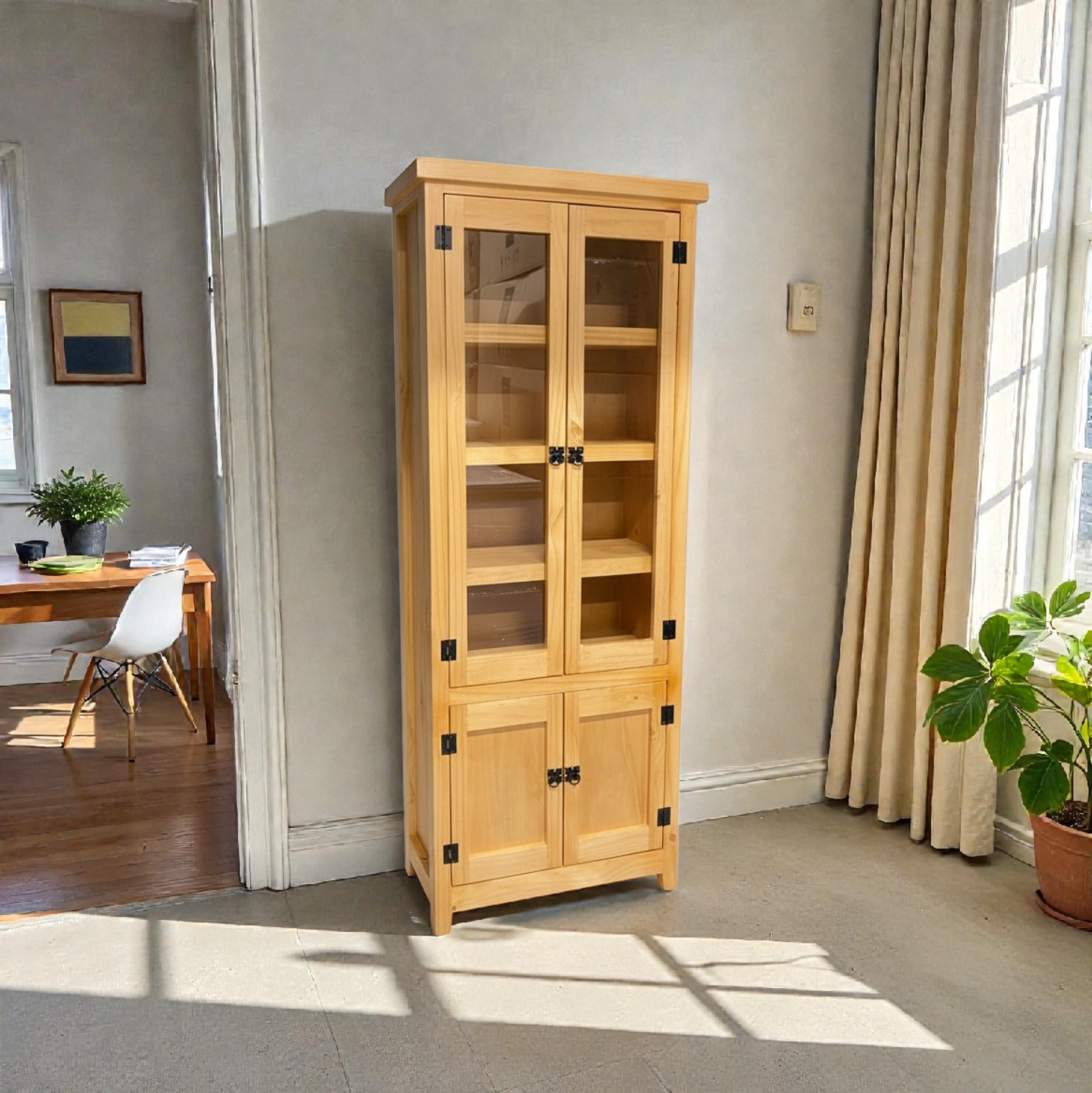 Vitrina de Madera de Pino con Estantes de Vidrio y Cajones | MGR Muebles