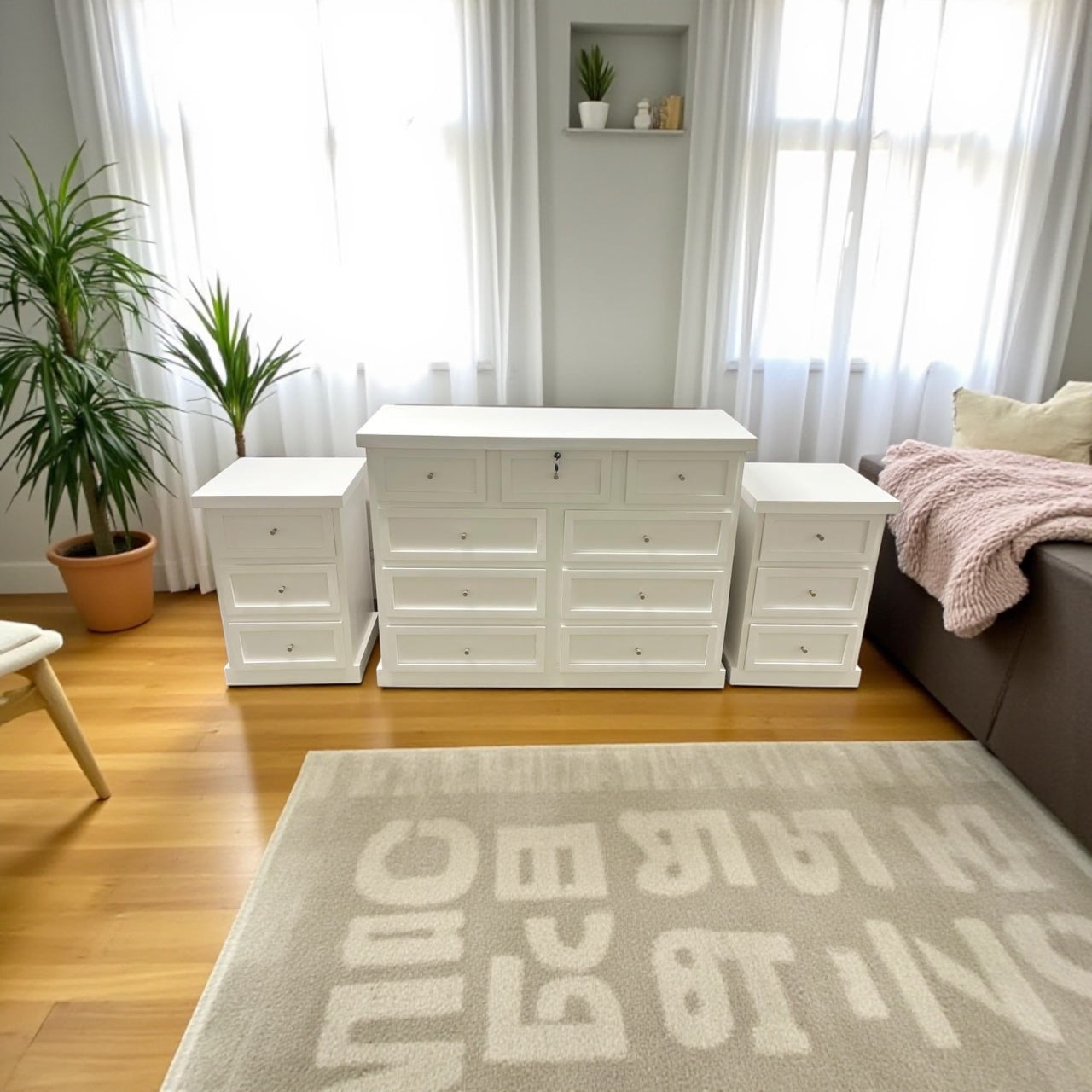 Set Cómoda de madera 9 cajones + veladores modelo Aval.