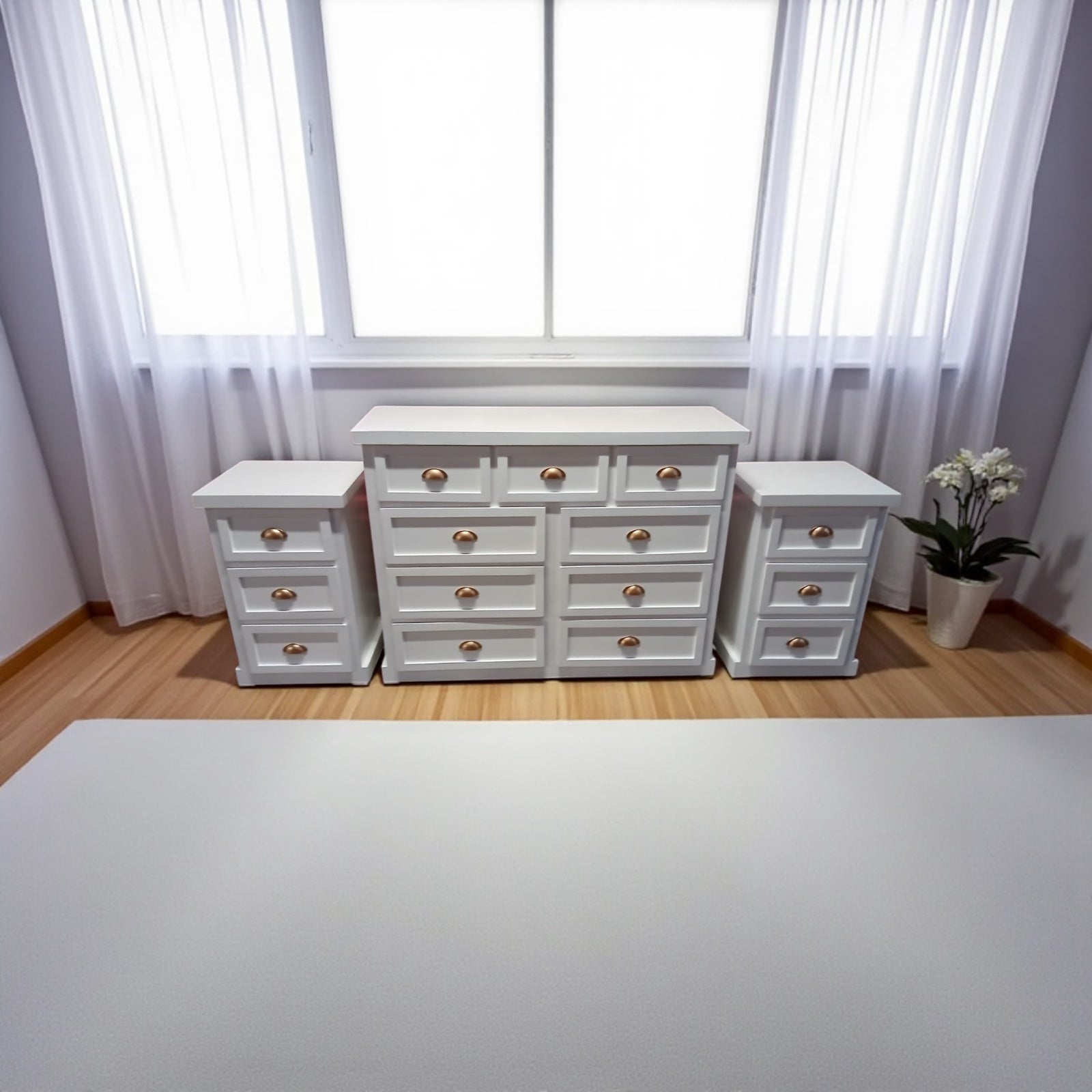 Set Cómoda de madera 9 cajones + veladores modelo Aval.