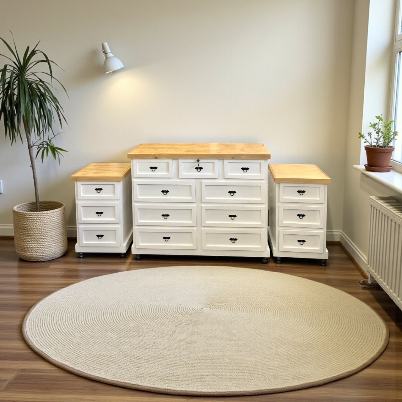 Set Cómoda de madera 9 cajones + veladores modelo Aval.