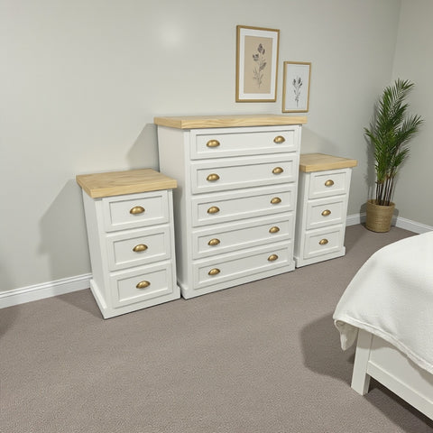 Set Comodín de madera · Cómoda de 5 cajones + 2 veladores | MGR Muebles