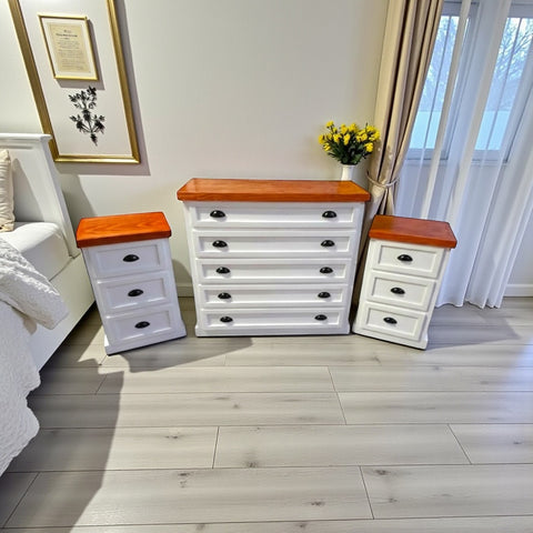 Set Comodín de madera · Cómoda de 5 cajones + 2 veladores | MGR Muebles