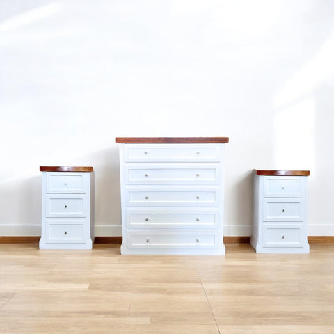 Set Comodín de madera · Cómoda de 5 cajones + 2 veladores | MGR Muebles