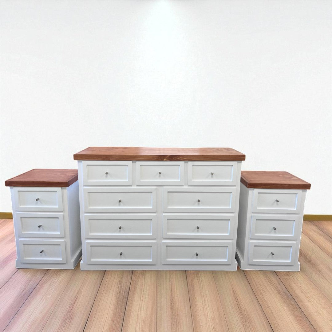 Set Cómoda de madera 9 cajones + veladores modelo Aval.