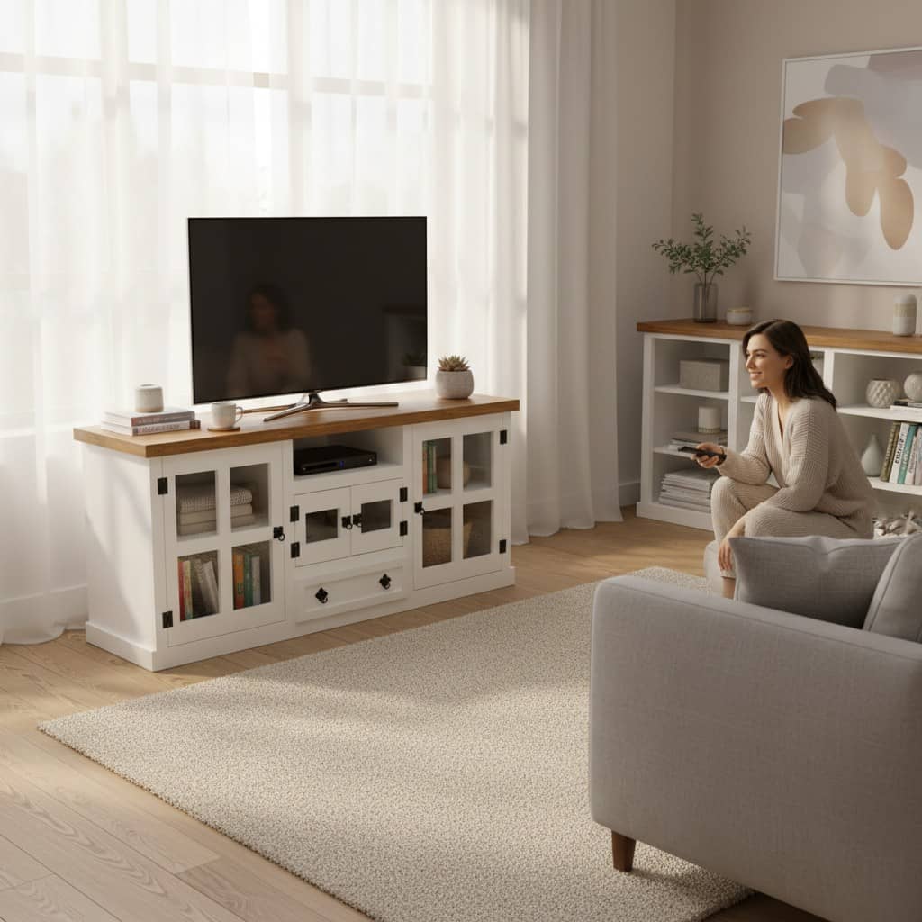 Rack de TV Puerta Cruz con estilo colonial/moderno con estantes y cajón | MGR Muebles