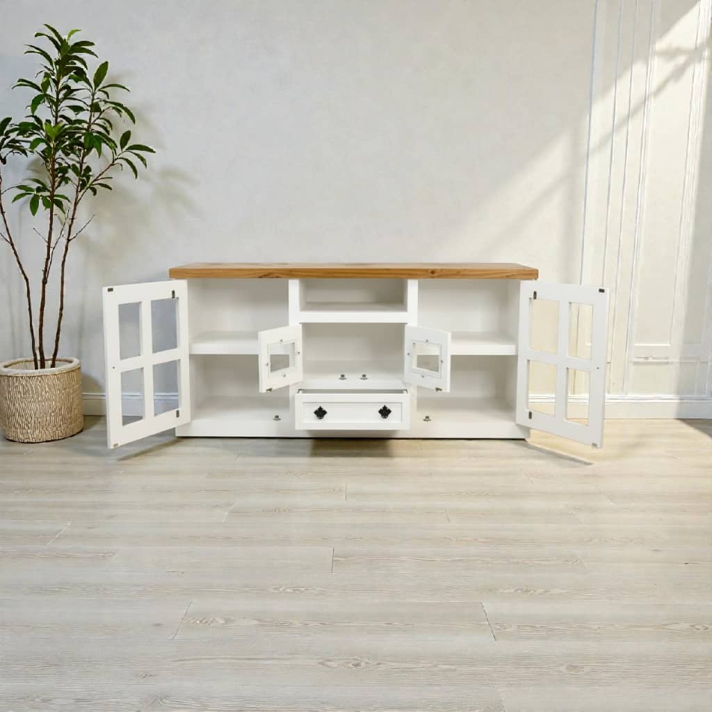 Rack de TV Puerta Cruz con estilo colonial/moderno con estantes y cajón | MGR Muebles