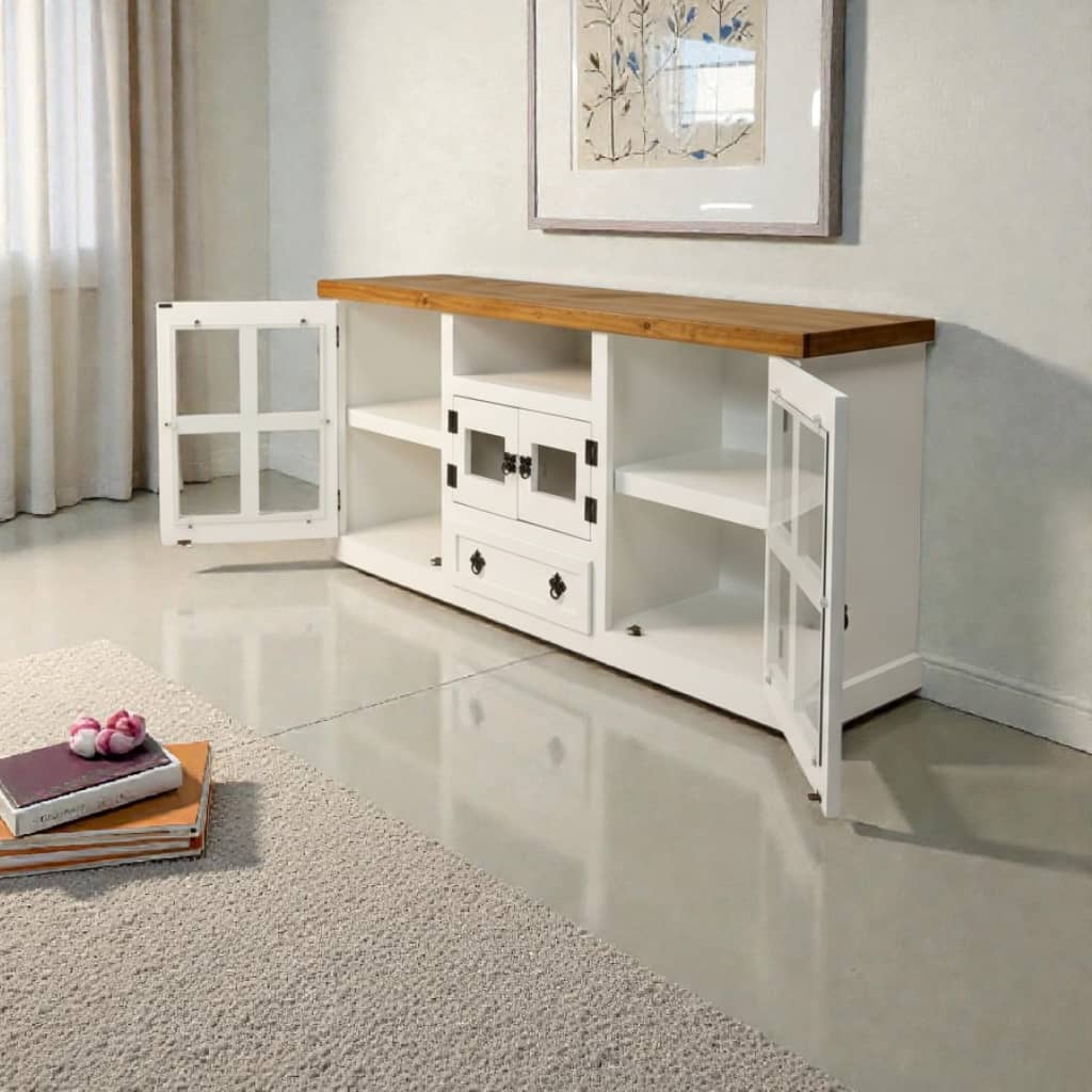 Rack de TV Puerta Cruz con estilo colonial/moderno con estantes y cajón | MGR Muebles