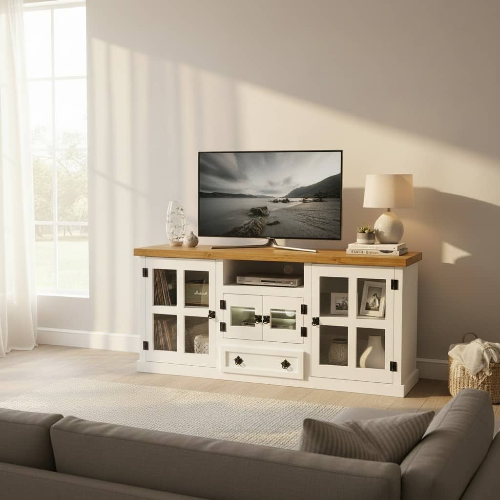 Rack de TV Puerta Cruz con estilo colonial/moderno con estantes y cajón | MGR Muebles