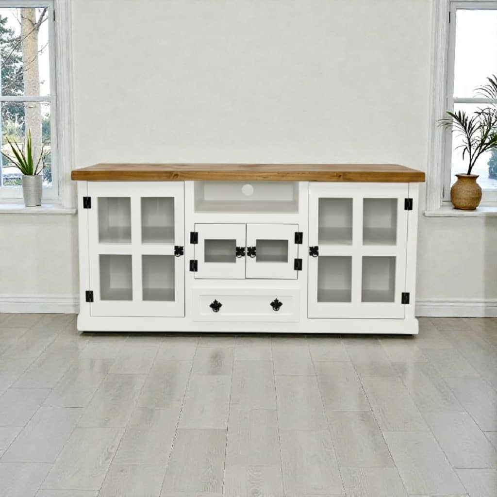 Rack de TV Puerta Cruz con estilo colonial/moderno con estantes y cajón | MGR Muebles