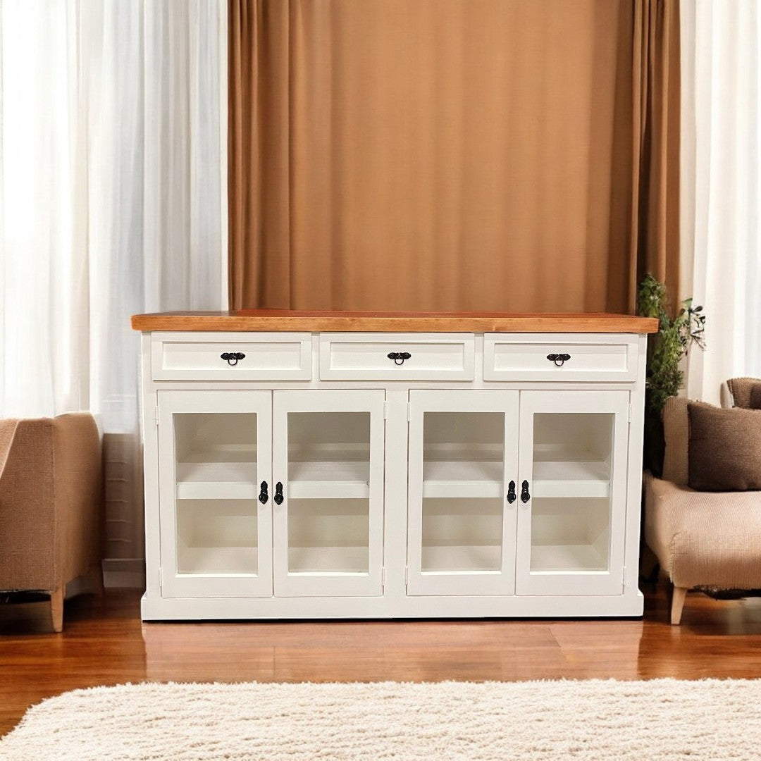 Buffet de madera Marcela con 4 puertas y 3 cajones en vista frontal
