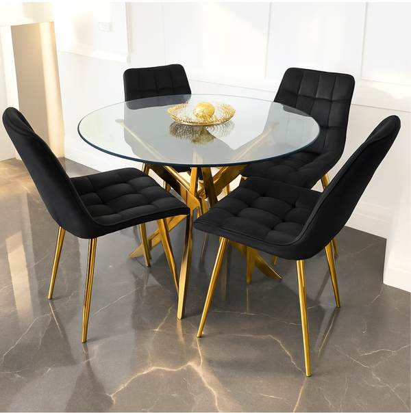 Comedor redondo Elite con sillas capitoné beige y base dorada
