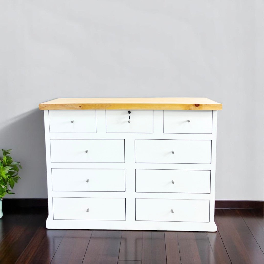 	Cómoda Aval de madera natural con 9 cajones y diseño sin ranuras