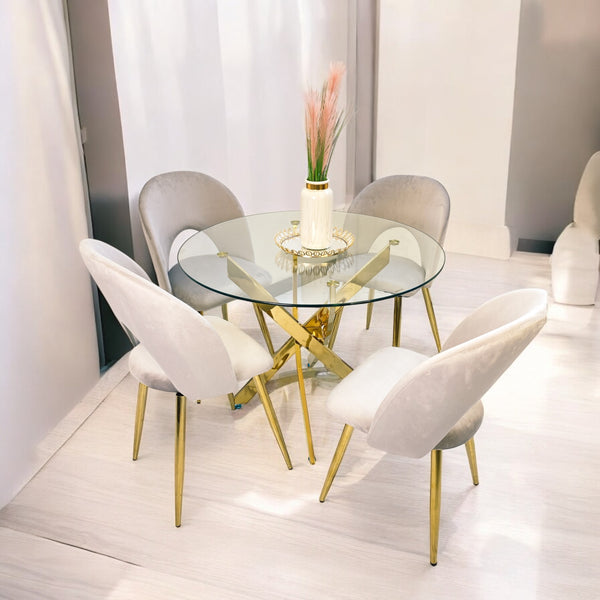 Conjunto de comedor Elite con mesa de vidrio y sillas Viena tapizadas
