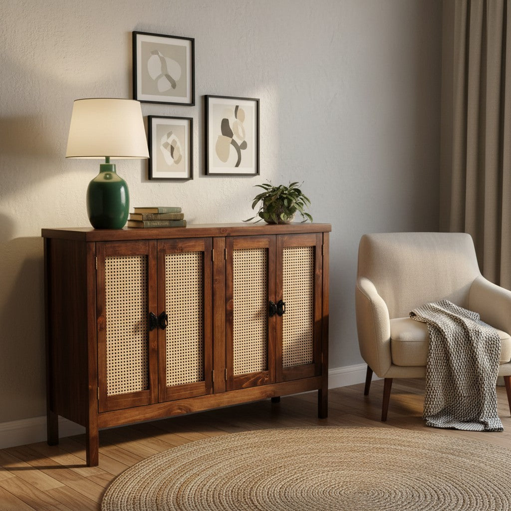 Aparador MGR Muebles Santorini de madera oscura con cuatro puertas de rejilla de junco en un salón acogedor.