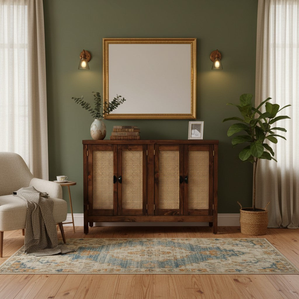 Aparador MGR Muebles Santorini de madera oscura con puertas de junco en un salón decorado con estilo rústico moderno.