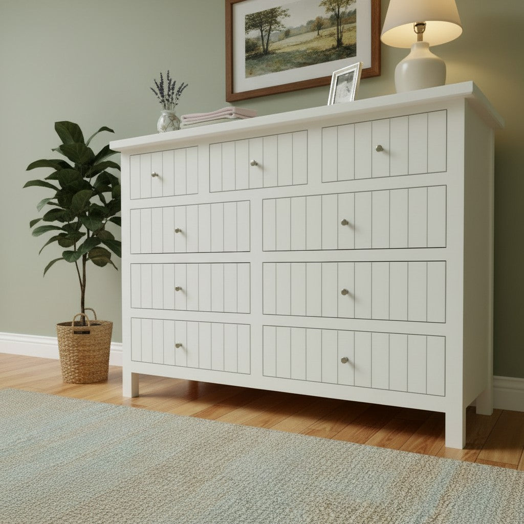 Cómoda MGR Muebles Aval de 9 cajones en color blanco con diseño ranurado, estilo rústico elegante y tiradores metálicos.