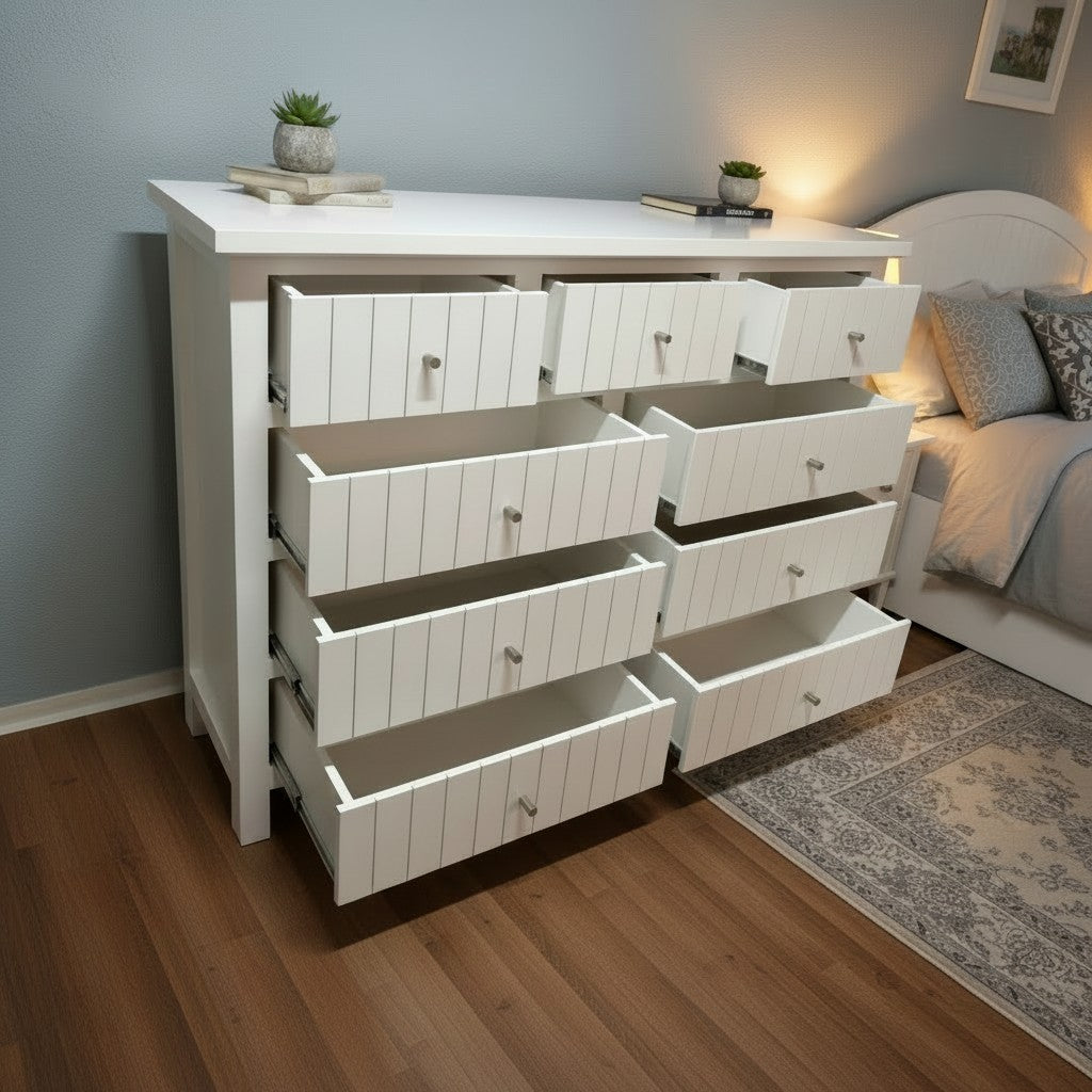 Cómoda MGR Muebles Aval blanca de 9 cajones con diseño ranurado, estilo rústico moderno y tiradores metálicos.