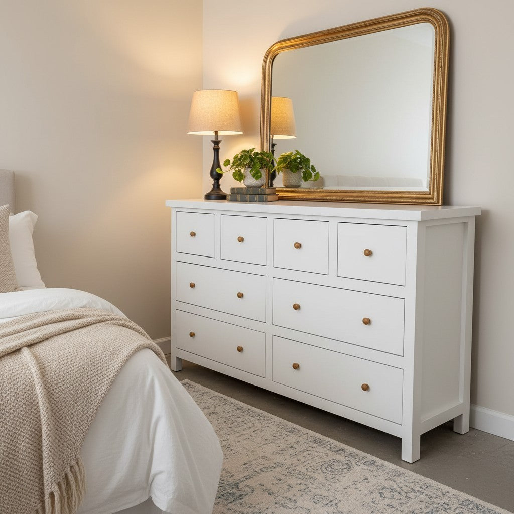 Cómoda MGR Muebles modelo Fortune de 8 cajones en color blanco con pomos metálicos, ubicada en un dormitorio moderno.