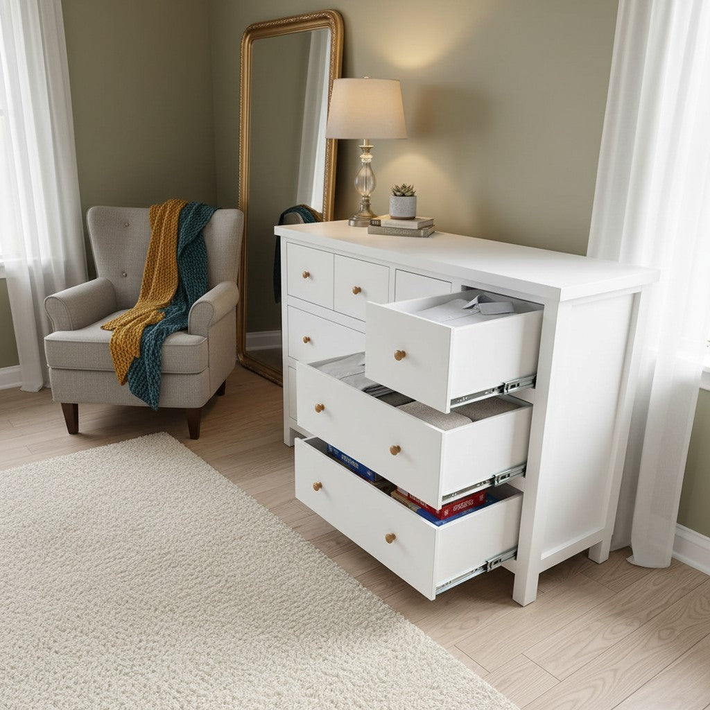 Cómoda MGR Muebles modelo Fortune blanca de 8 cajones en madera de pino con tiradores redondos en dormitorio moderno