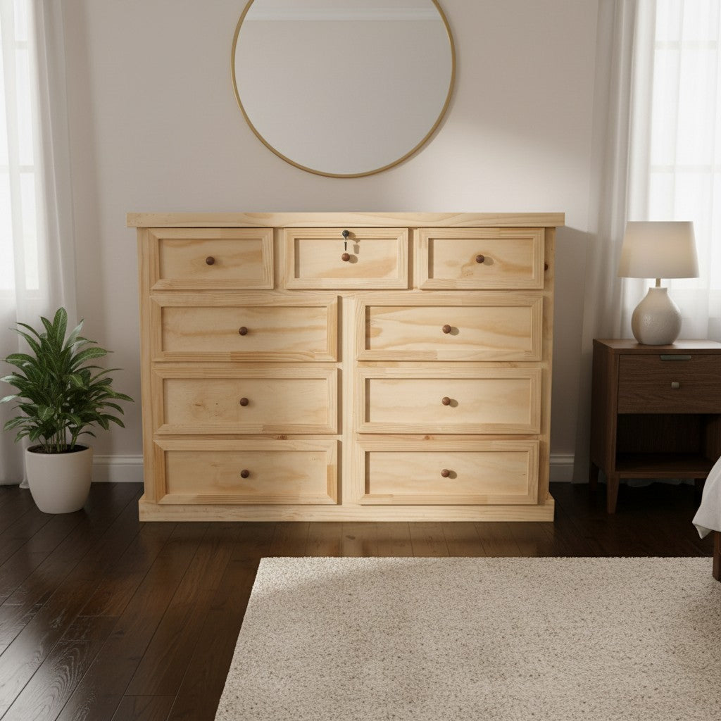 Cómoda MGR Muebles Aval de madera natural con 9 cajones, estilo rústico y cajón central con llave de seguridad