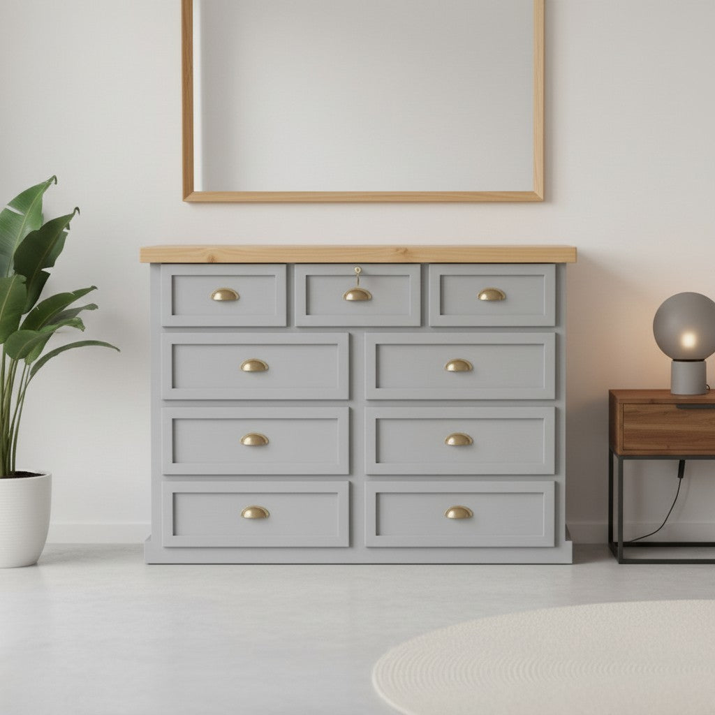 Cómoda MGR Muebles Aval Premium de 9 cajones en color gris con cubierta de madera natural y tiradores dorados.