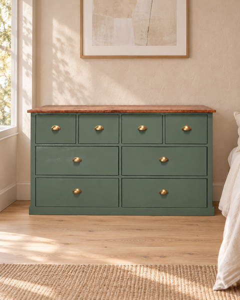 Cómoda Siena verde aceituna — ambientada en dormitorio