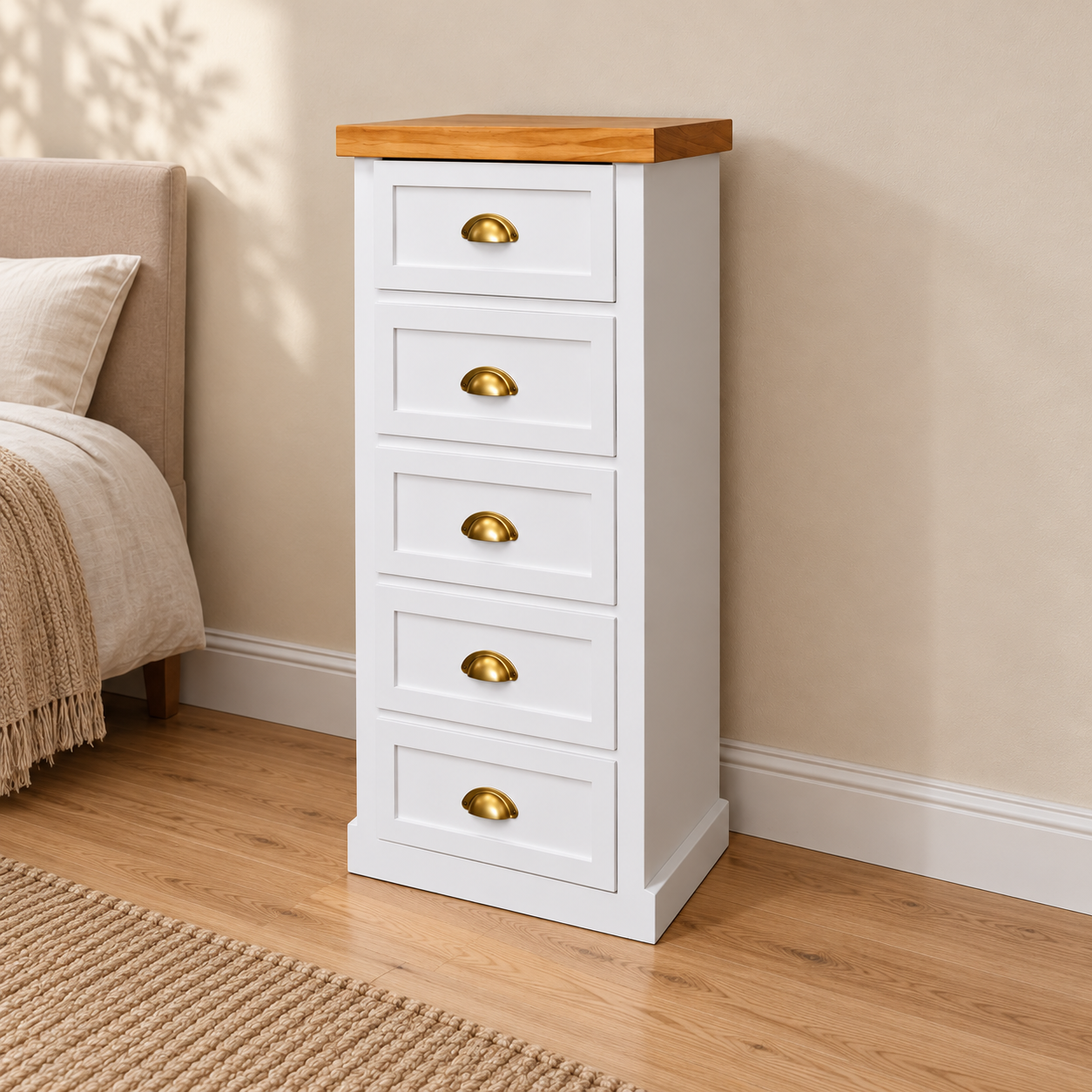 Velador alto blanco de cinco cajones — portada cuadrada con el mueble completo