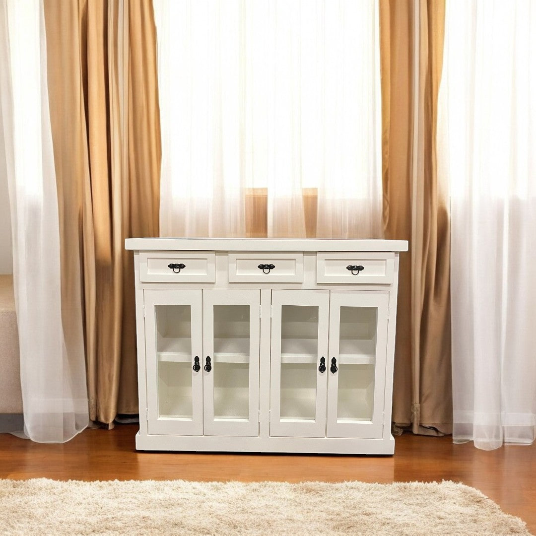 Mini Buffet Marcela blanco con 3 cajones y puertas de madera
