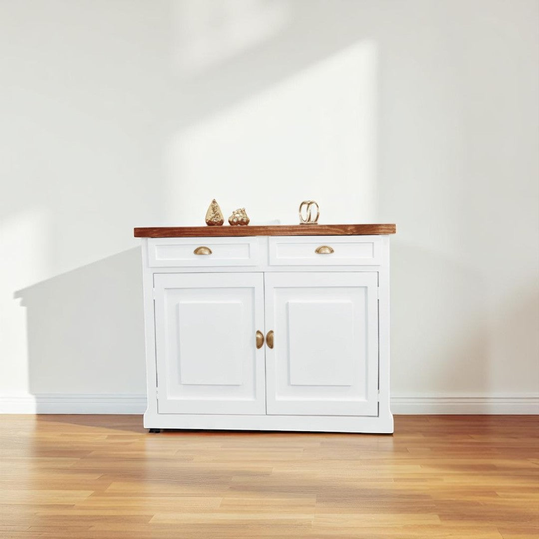 Mini Buffet Marcela blanco con cubierta de madera clara
