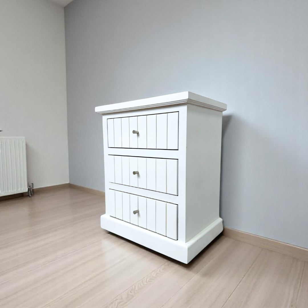 Vista lateral del velador Aval Ranurado con diseño ranurado y cajones de almacenamiento
