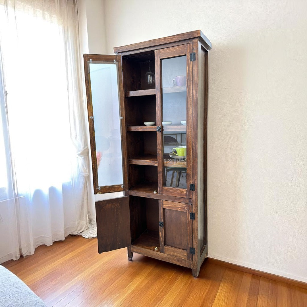 Vitrina de Madera de Pino con Estantes de Vidrio y Cajones | MGR Muebles