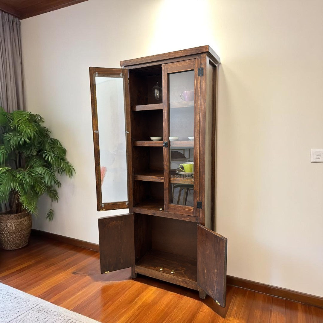 Vitrina de Madera de Pino con Estantes de Vidrio y Cajones | MGR Muebles